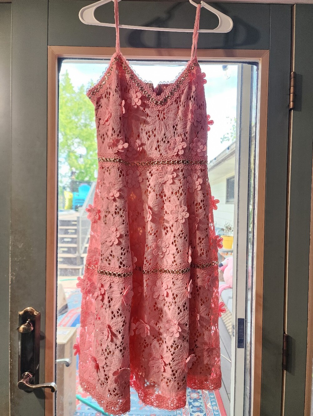 Michael Kors Pink Coral Lace Eyelet Top with Gold Grommet Trim